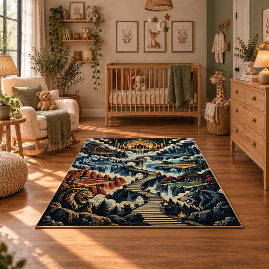 Mountain Basketball Court Rug displayed in a cozy nursery