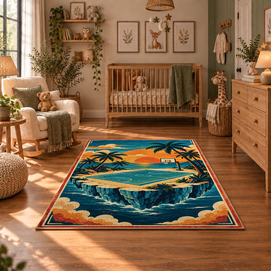 Tropical Island Basketball Court Rug displayed in a cozy nursery