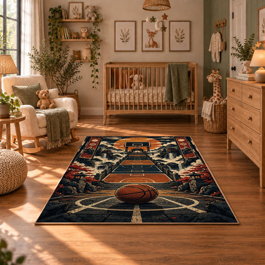 City Hoop Basketball Rug displayed in a cozy nursery
