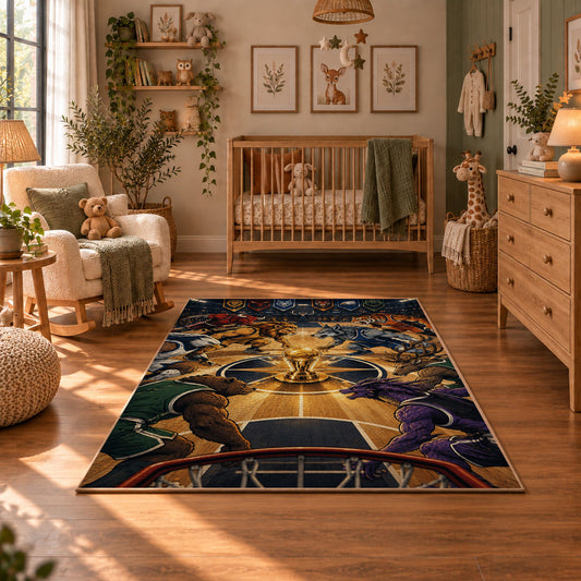 Golden Basketball Court Rug displayed in a cozy nursery