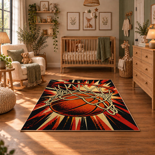 Exploding Basketball Hoop Rug displayed in a cozy nursery