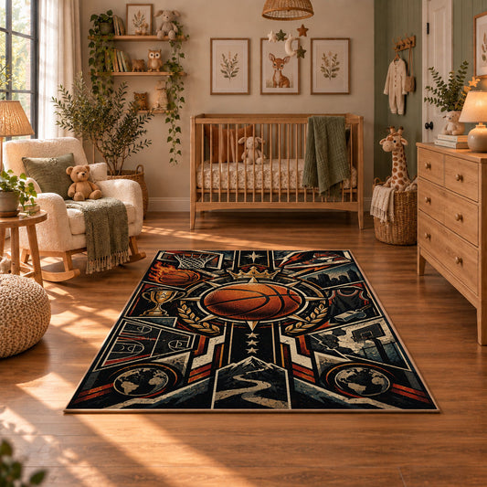 Mechanical Basketball Emblem Rug displayed in a cozy nursery