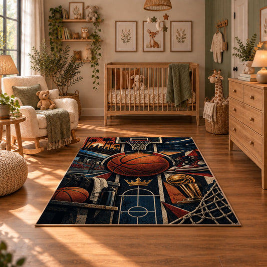 Basketball Hoop Collage Rug displayed in a cozy nursery