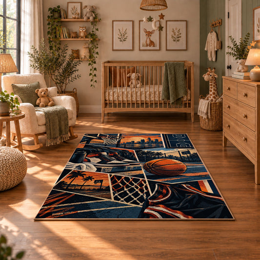 Urban Basketball Hoop Collage Rug displayed in a cozy nursery