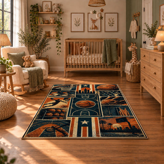 Basketball Court Grid Collage Rug displayed in a cozy nursery