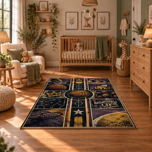 Purple Star Basketball Collage Rug displayed in a cozy nursery
