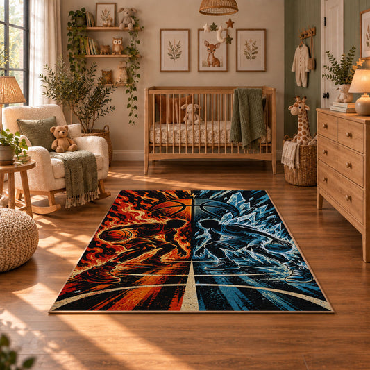Fire and Ice Basketball Rug displayed in a cozy nursery