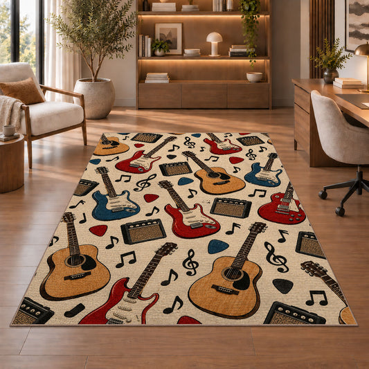 guitar pattern rug in a home office with wooden shelves