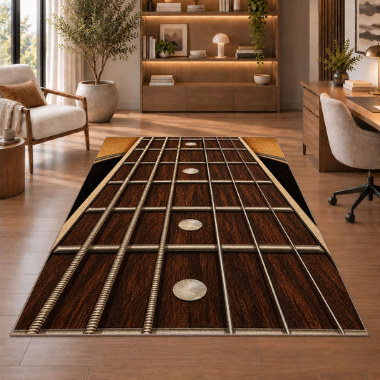 guitar fretboard rug in a home office with wooden shelves