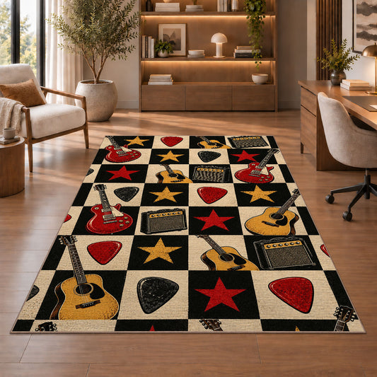 checkered rock guitar rug in a home office with wooden shelves