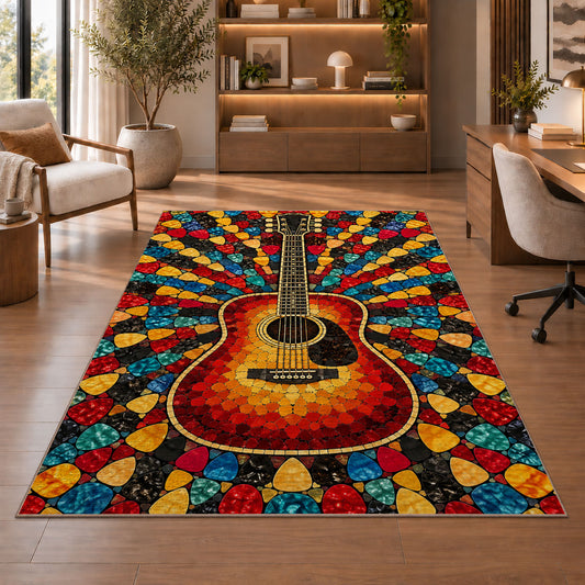 guitar pick mosaic rug in a home office with wooden shelves