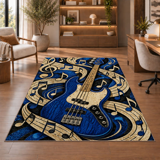 blue bass guitar rug in a home office with wooden shelves