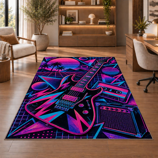 synthwave guitar rug in a home office with wooden shelves