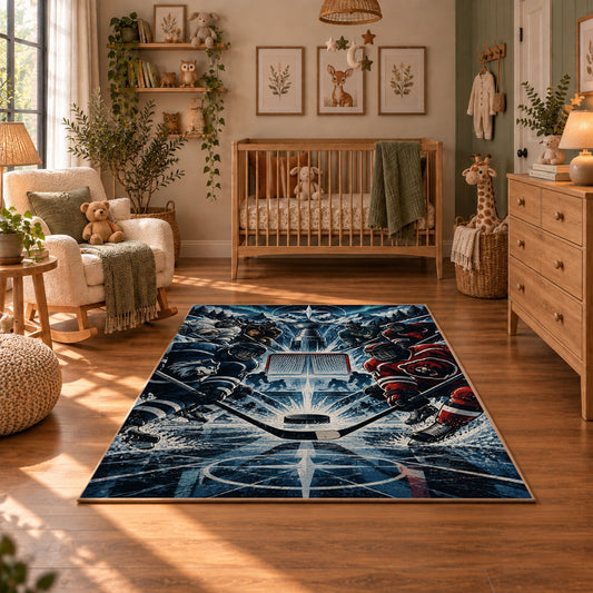 Electric Ice Hockey Puck Rug displayed in a cozy nursery