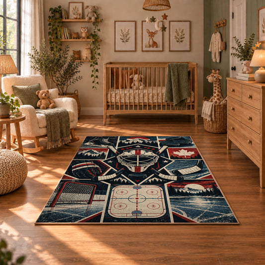 Hockey Gear and Rink Collage Rug displayed in a cozy nursery
