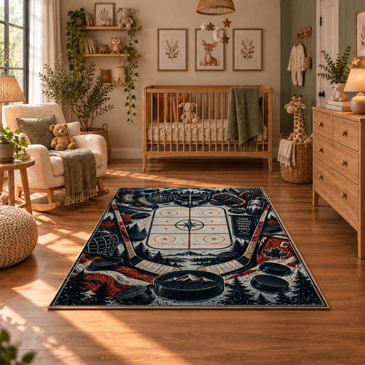 Crossed Hockey Sticks and Puck Rug displayed in a cozy nursery