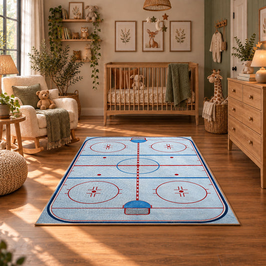 Classic Ice Hockey Rink Diagram Rug displayed in a cozy nursery