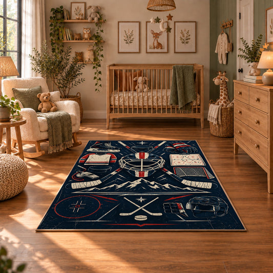 Hockey Equipment Lineup Rug displayed in a cozy nursery