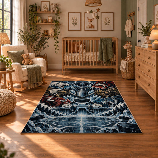 Frozen Mountain Hockey Goal Rug displayed in a cozy nursery