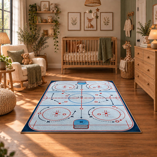 Bright Classic Hockey Rink Rug displayed in a cozy nursery