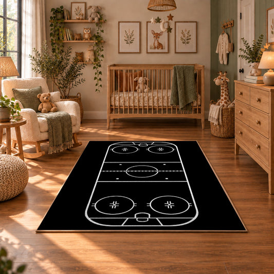 Minimal Black Hockey Rink Rug displayed in a cozy nursery