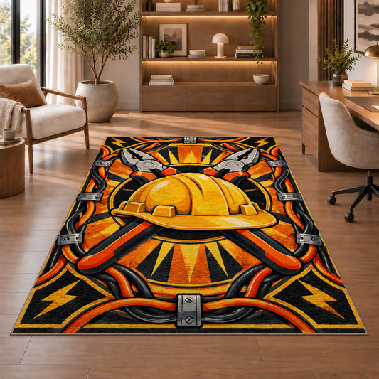 lineman hard hat emblem rug in a home office with wooden shelves