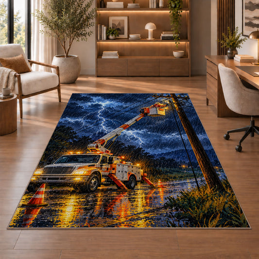 storm lineman bucket truck rug in a home office with wooden shelves