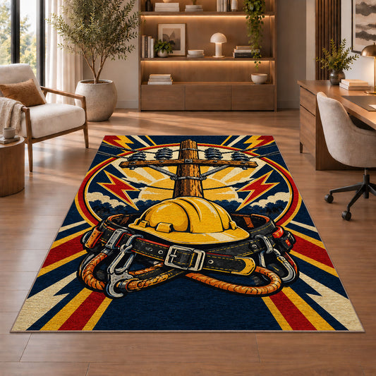 lineman badge rug in a home office with wooden shelves