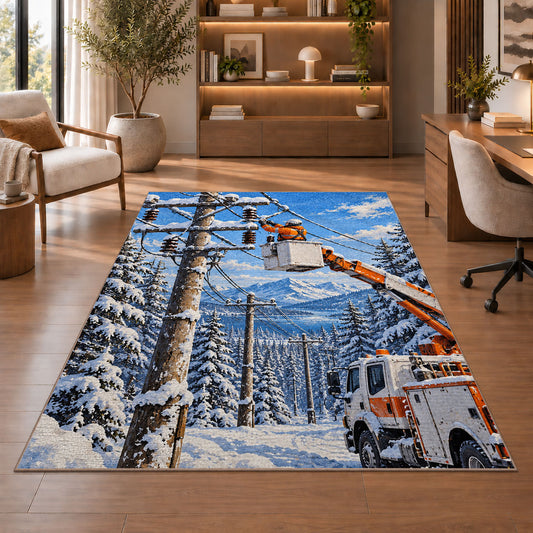 winter lineman bucket truck rug in a home office with wooden shelves