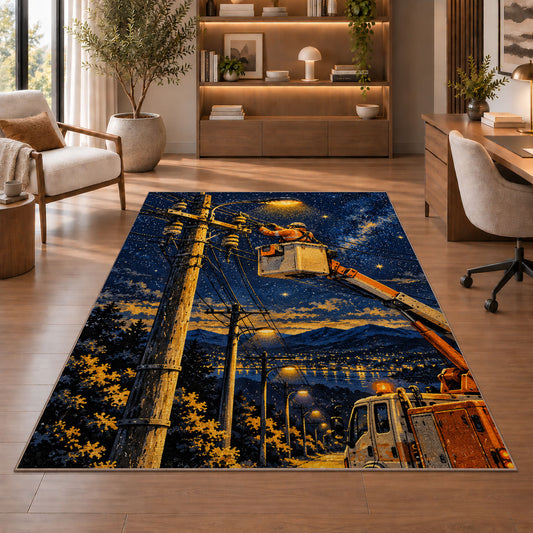 night lineman street light rug in a home office with wooden shelves