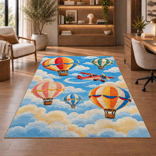 Hot Air Balloon Rug in a home office with wooden shelves