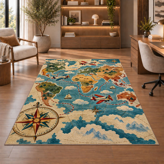 Vintage World Map Rug in a home office with wooden shelves