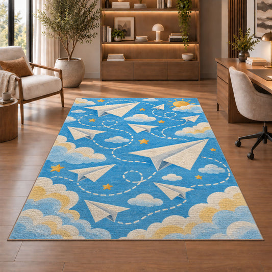 Paper Airplane Rug in a home office with wooden shelves
