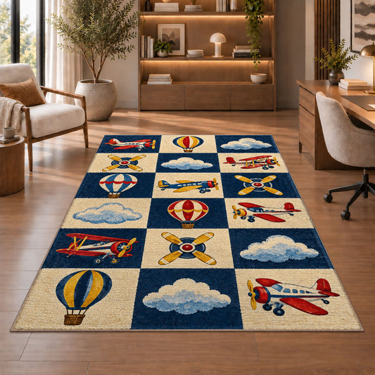 Retro Airplane Checkered Rug in a home office with wooden shelves