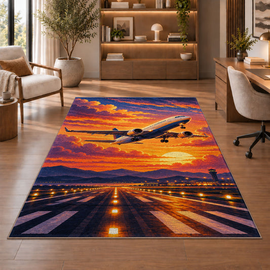 Jet Takeoff Sunset Rug in a home office with wooden shelves