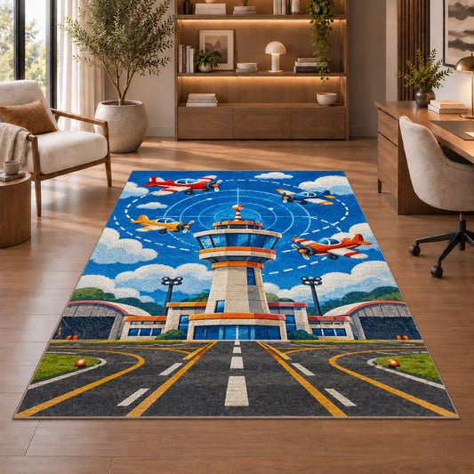 Control Tower Rug in a home office with wooden shelves