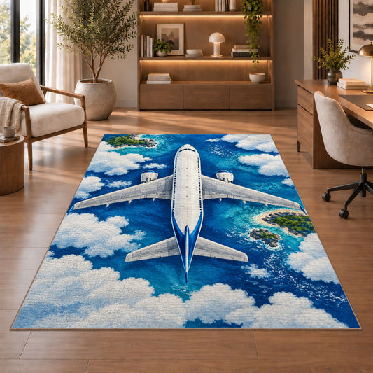 Airplane Top View Rug in a home office with wooden shelves