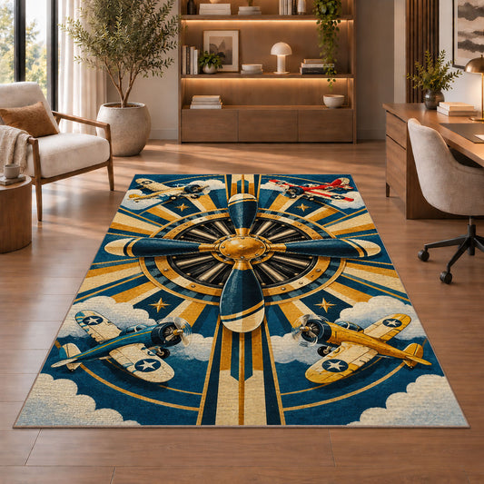 Art Deco Propeller Rug in a home office with wooden shelves