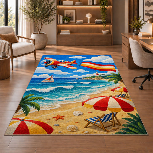 Beach Airplane Banner Rug in a home office with wooden shelves