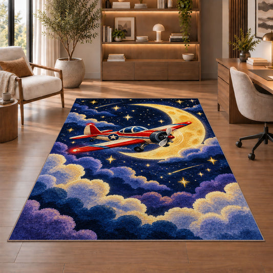 Night Flight Airplane Rug in a home office with wooden shelves