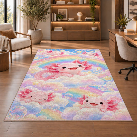 Rainbow Axolotl Rug in a home office with wooden shelves