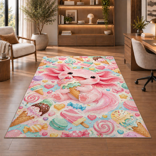 Axolotl Ice Cream Rug in a home office with wooden shelves