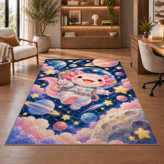 Astronaut Axolotl Rug in a home office with wooden shelves