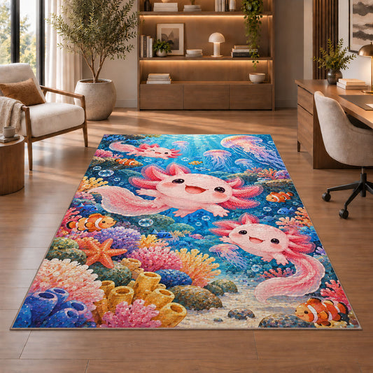 Axolotl Ocean Rug in a home office with wooden shelves
