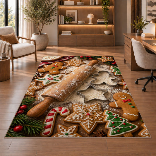 Gingerbread baking rug in a home office with wooden shelves