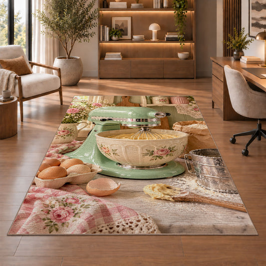 Mint stand mixer rug in a home office with wooden shelves