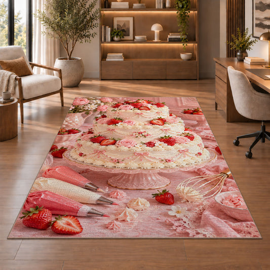 Strawberry tiered cake rug in a home office with wooden shelves
