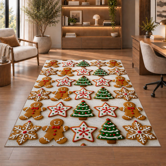 Christmas cookie grid rug in a home office with wooden shelves