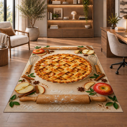 Apple pie with rolling pins rug in a home office with wooden shelves