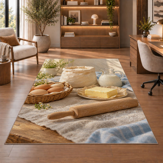 Eggs flour and butter rug in a home office with wooden shelves
